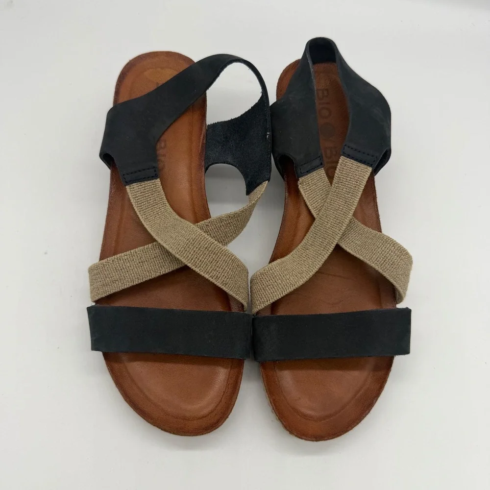 Bio Bio Womens Black Tan Elastic Leather Wedge Sandals‎ Made in Spain Size 8